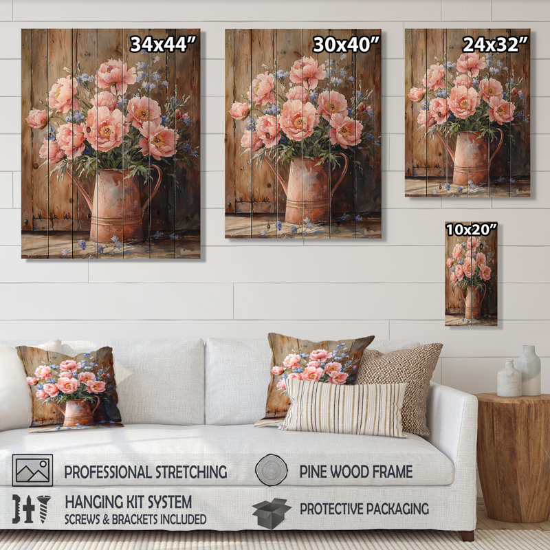 Bouquet de pivoines Country Bloom I - décoration murale en bois de pivoines - sur bois de pin naturel