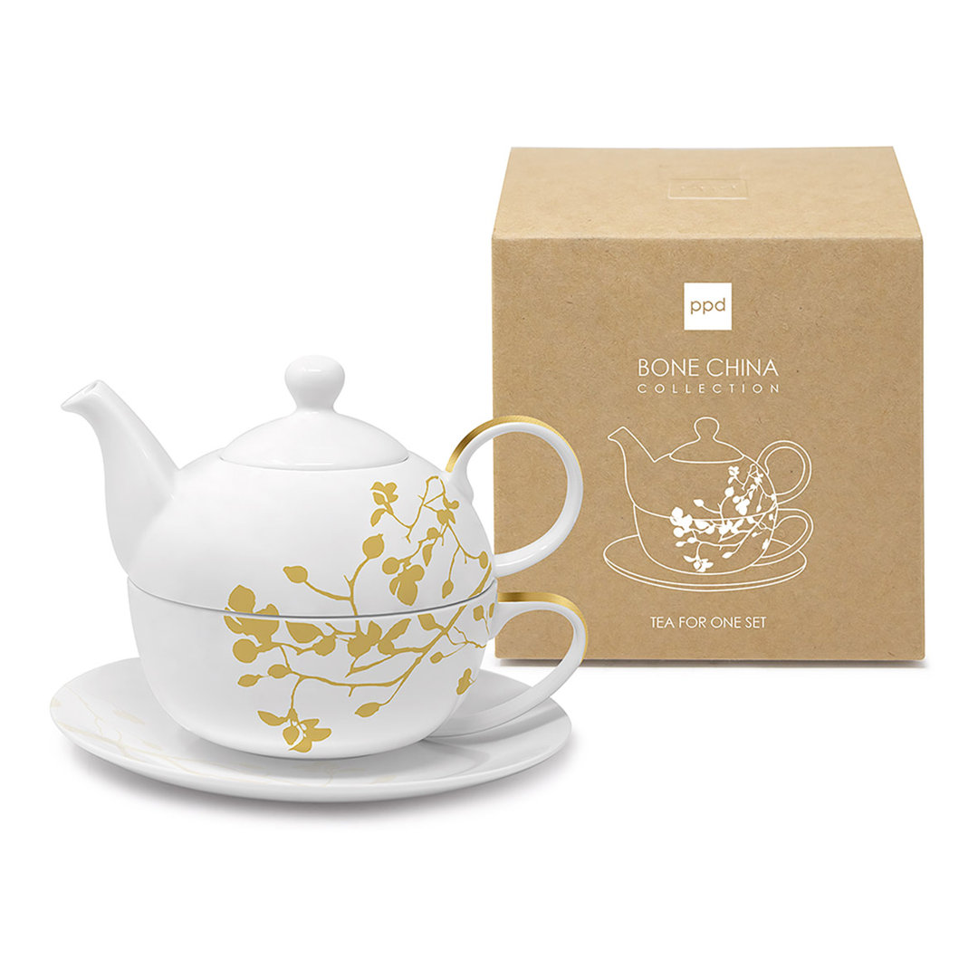 PPD Pure Branch gold Tea4one Set, 3-tlg., Teetasse, Tasse, Teekanne, Kanne, Bone China