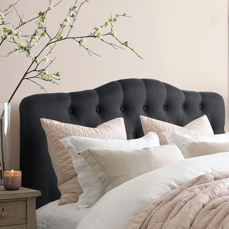 Linen Upholstered Headboard-Modern-Adjustable Height-Button Tufting, Black, King