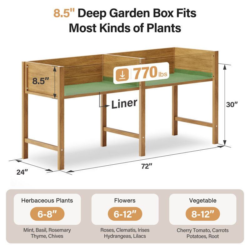 72" x 24" x 30" Weather-Resistant HIPS Elevated Raised Garden Bed with Legs, Large Outdoor Planter Box with Drainage Holes & Liner for Patio Deck, Teak (770 lbs Capacity)
