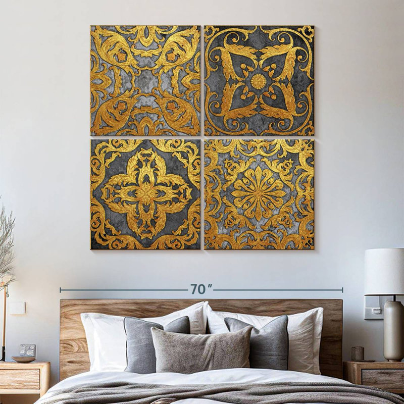 " Gold Rococo Florals " 4 Piece Art Graphic Art Print, 57" H x 57" W x 1" D