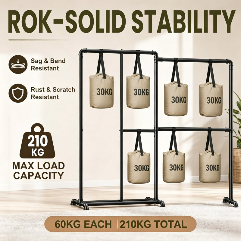 Heavy Duty Clothes Rail with Adjustable Straight or L Shape Layout, 200kg Capacity, Freestanding Steel Garment Rack for Bedroom and Wardrobe Storage, 195 x 170 x 45cm