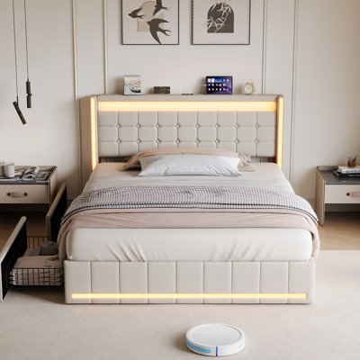 Storage Bed with RGB LED and USB Type-C Ports, Single Bed Upholstered in Linen Fabric, Upholstered Headboard, Slatted Base, Hydraulic Storage, Linen