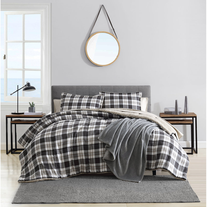 Microsude St Nautica Microsuede/Sherpa Reversible Grey Comforter Set, Queen Comforter + 2  Standard Shams