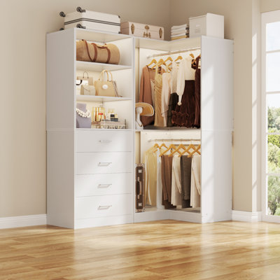 Corner Kitchen Pantry Storage Cabinet with 4 Drawers, Open Shelves & Hanging Rods, 2-Piece Modular Food Organizer System