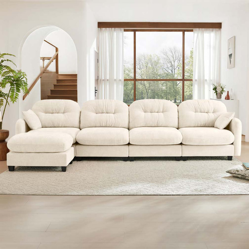 Canapé modulaire en chenille 4 places avec 2 coussins et repose-pieds, Beige
