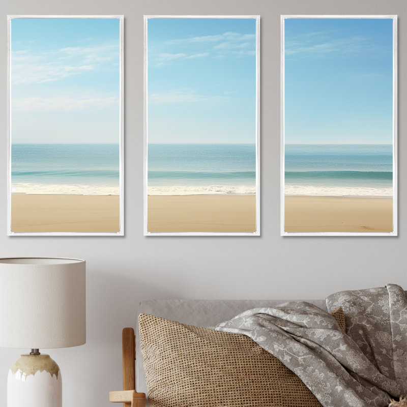 «Coastal Hush Dreaming Beach Sand II», ensemble d'art mural côtier, Cadre flottant blanc, H 32 po x l 48 po x P 1 po