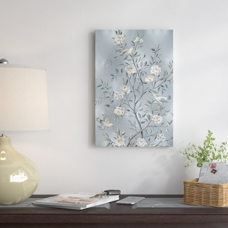 «Chinoiserie In Silver III» par Reneé Campbell, reproduction sur toile tendue sur châssis, Papier avec cadre noir, Blanc