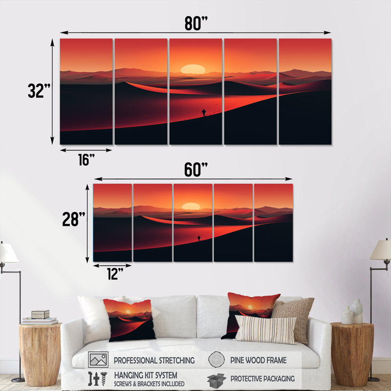 Désert du désert, horizon sur la planète Mars III - Désert, art mural 5 pièces, H 28 po x l 60 po
