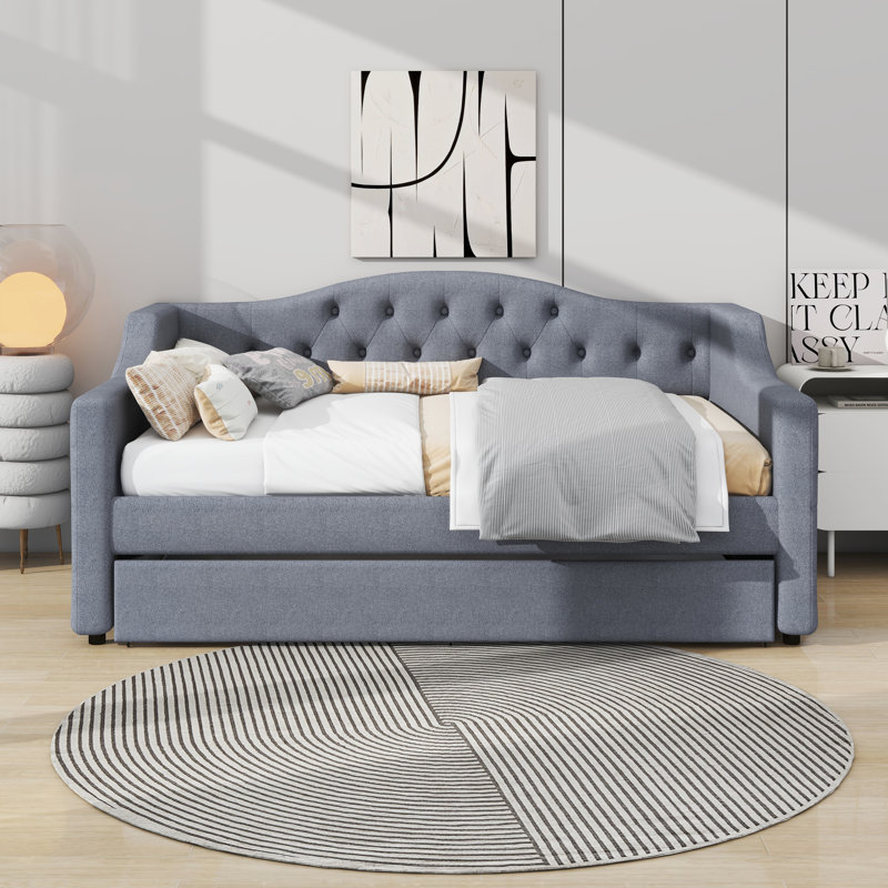 Lit de jour avec couchette et DEL, structure de lit de jour rembourrée en lin avec dossier capitonné, Double XL, Gris