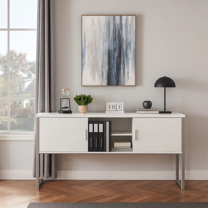 Homi Office Hutch, 2 Cabinets, 71 Inch, Metal, White Laminate