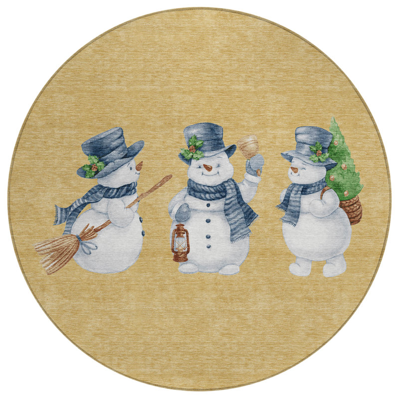 Machine Washable Indoor/Outdoor Christmas Snowman Xhevrie Gold Rug, Rectangle 10' x 14'