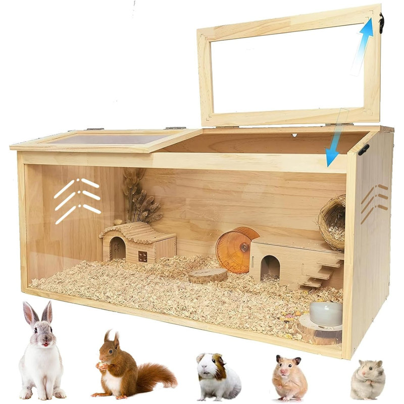 Grande cage à hamster en bois naturel avec fenêtres en acrylique, couvercle facile à nettoyer, plateformes et cachette pour hamsters nains et petits rongeurs, habitat ventilé pour le confort des animaux de compagnie