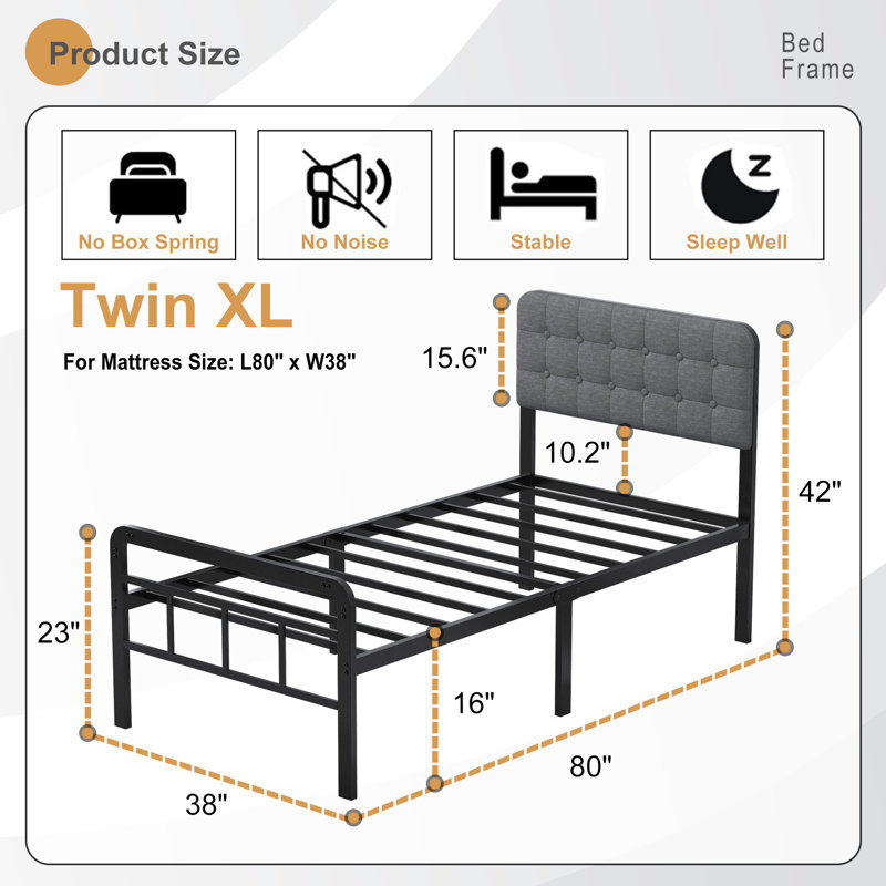 Structure de lit avec tête de lit tapissier et pied de lit en métal, Simple TG
