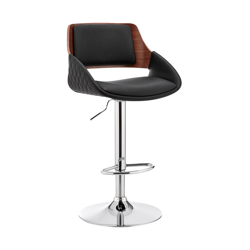 Mid-century Adjustable Height Bar Stool with Arms in Faux Leather and Metal, Chrome/Walnut, Black