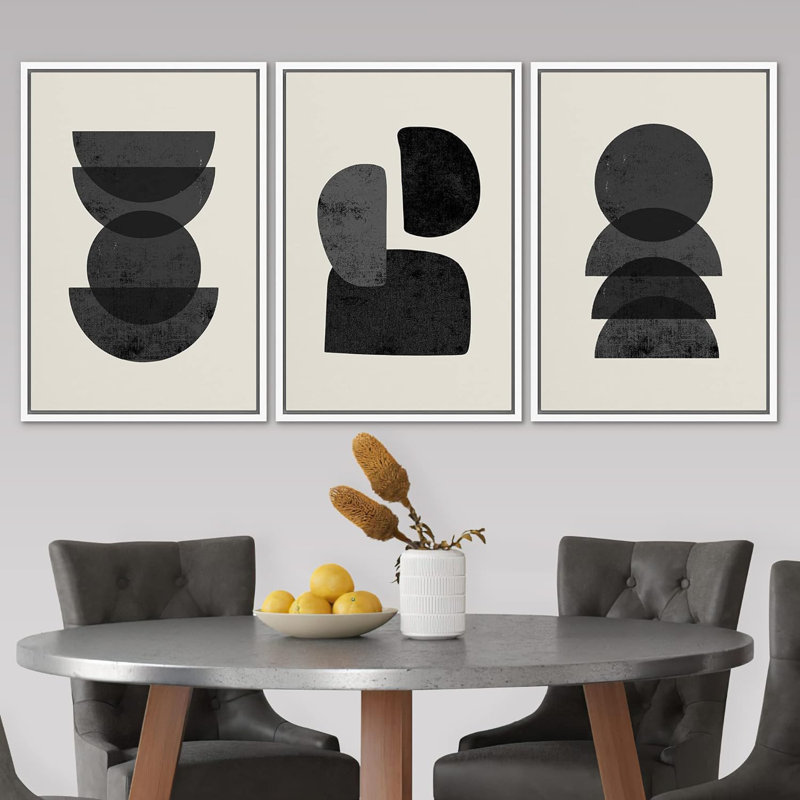 Abstract Geometry " Stacked Circles & Semi-Circles Abstract Shapes Neutral Mid Century Modern Art Black And White " 3 - Pieces