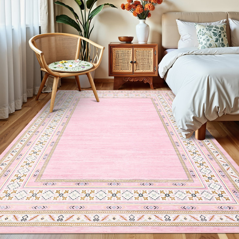 Washable Area Rug Modern Bordered Rug Non Slip Floor Carpet,Soft Non Shedding Neutral Rugs for Kitchen Bedroom Living Room