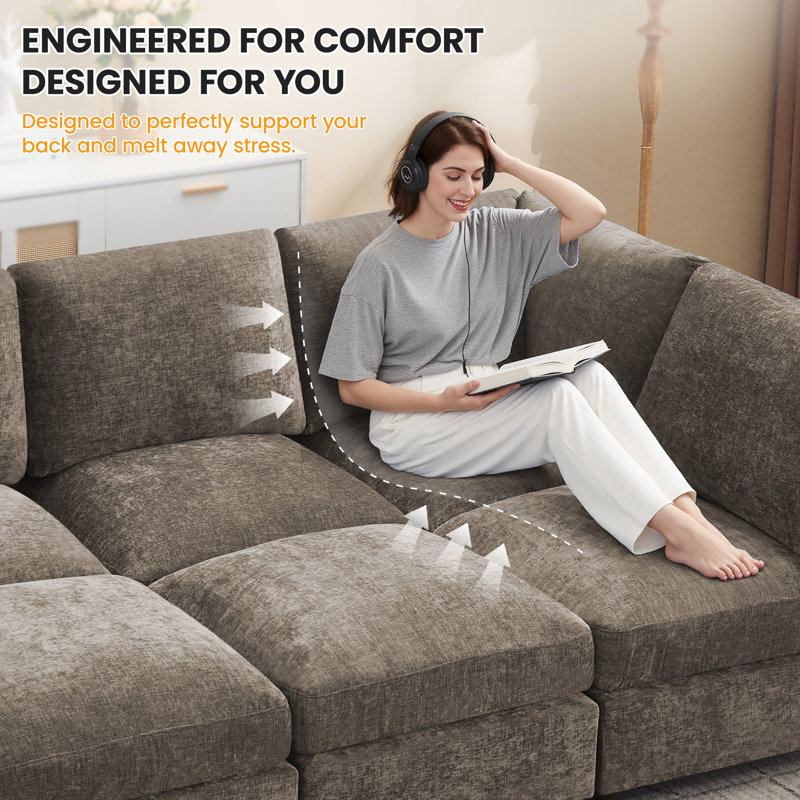Canapé-lit modulaire 6 pièces avec repose-pieds modulaire convertible, H 36,2 po x l 89,5 po x P 58 po, Brun