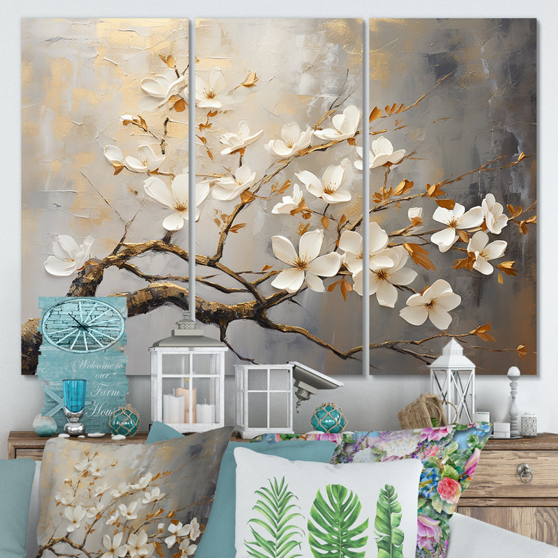 Arbre floral doré et gris sérénité - oiseau, art mural, H 28 po x l 36 po, Toile tendue