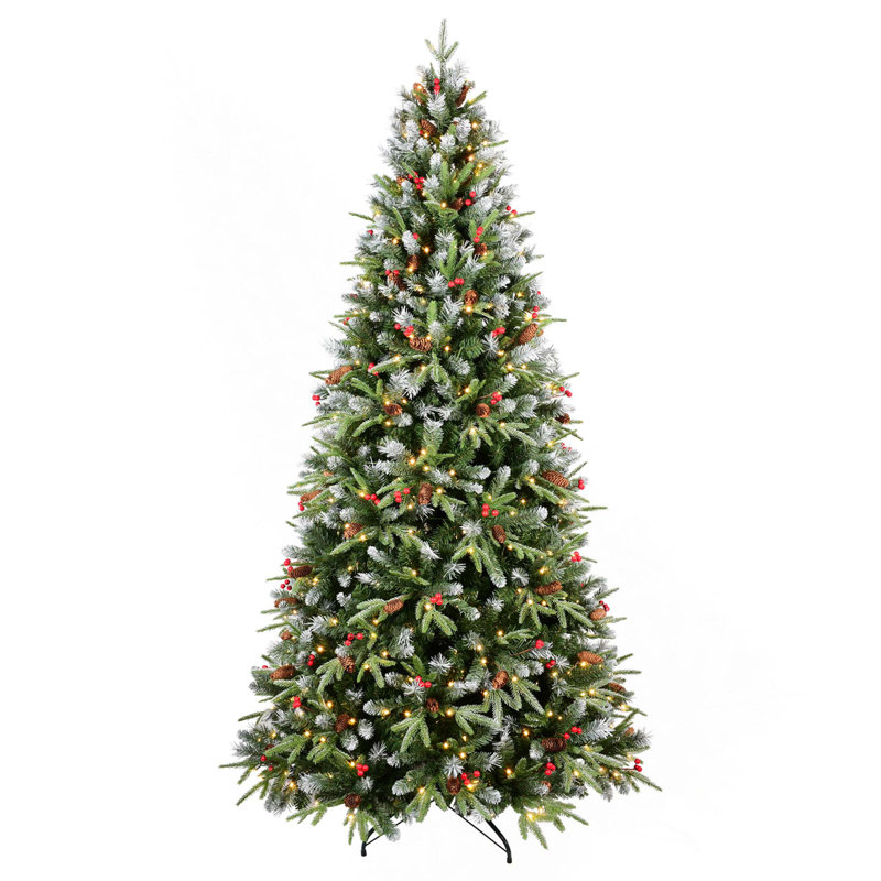 Arbre de Noël à charnière en PE + PVC avec lumières DEL blanc chaud, baies et pommes de pin, 6'