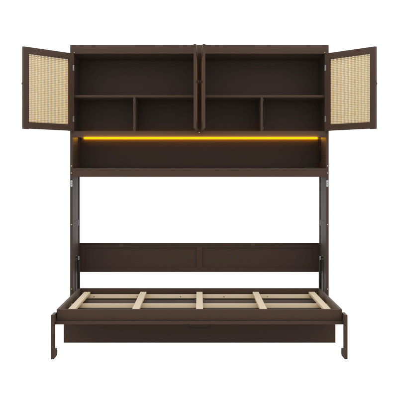 Lit escamotable compact avec rangement supérieur, structure pliable avec éclairage et connectivité USB, Espresso