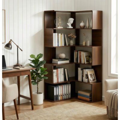 Bibliothèque d'angle à 6 niveaux, bibliothèque en L de 66 po de hauteur avec chicane, tablette d'angle autoportante, bibliothèque en bois avec tablettes ouvertes pour le salon, la chambre à coucher, le bureau personnel, noyer