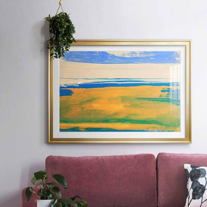 North Fork II - Matted and Framed Under Acrylic Glass, Large Living Room Wall Art, Gold, 19" H x 27" W x 1.5" D
