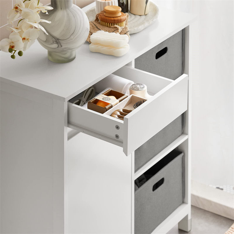 White MDF Laundry Sorter Cabinet with Gray Fabric Baskets