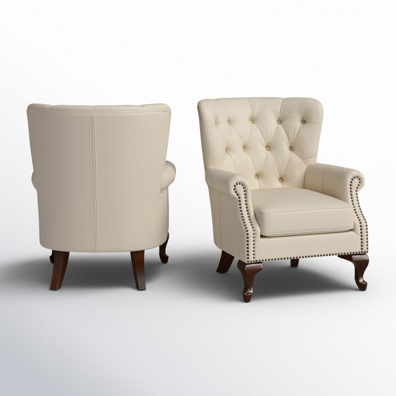 Ansumana 31.5" W Genuine Leather Wingback Club Chairs with Nailhead Trim, Beige