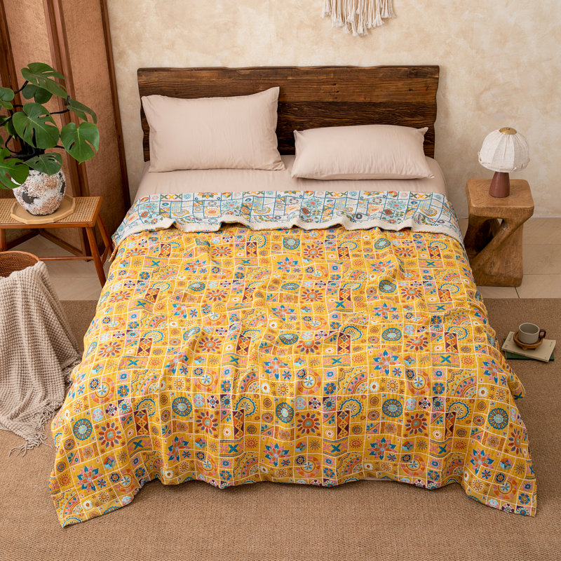 Jeté réversible 100% coton rétro avec pampilles , Motif floral bleu