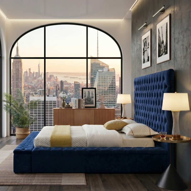Mikara Upholstered Velvet Platform Bed, Blue, Queen