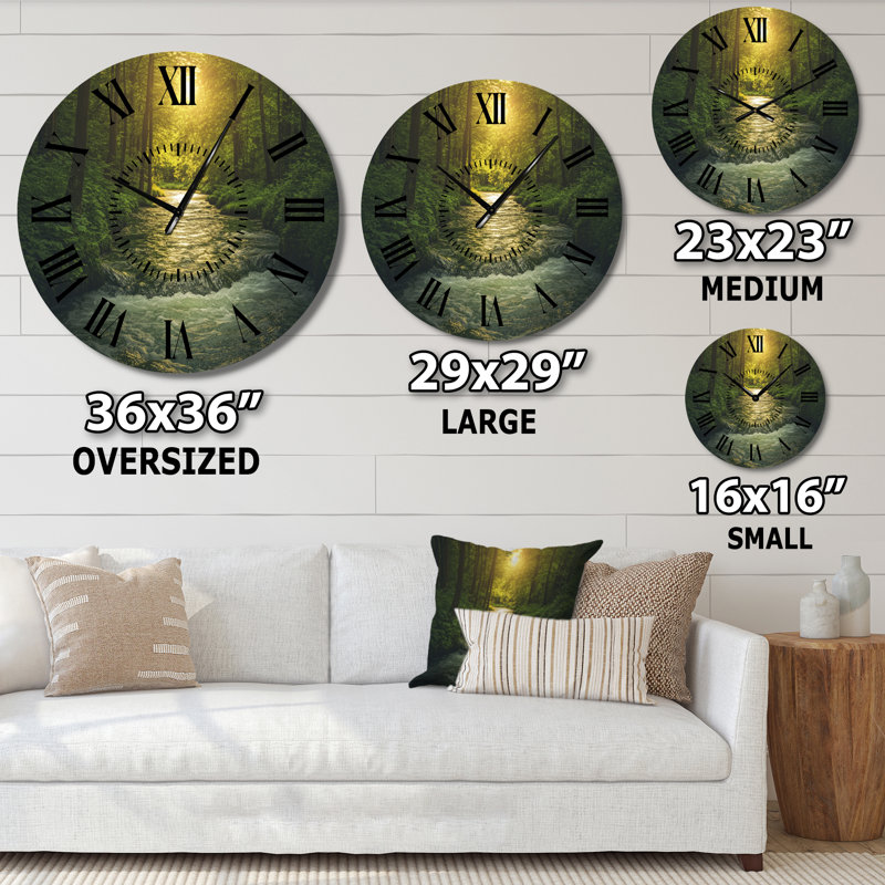 Sunrise Winding Forest River - Rustic Metal Wall Clock, Large