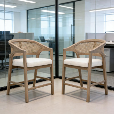 Wooden Frame Counter Stools With Rattan Back, Mid-Century Modern Kitchen Bar Stools, Set Of 2