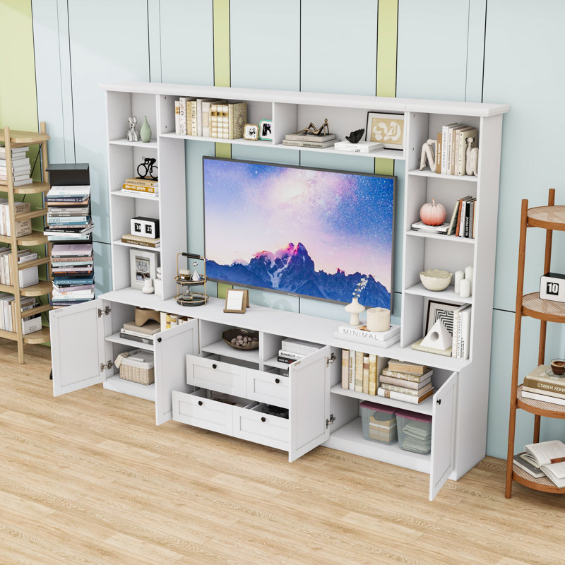 Meuble audio-vidéo avec tablettes et tiroirs, White