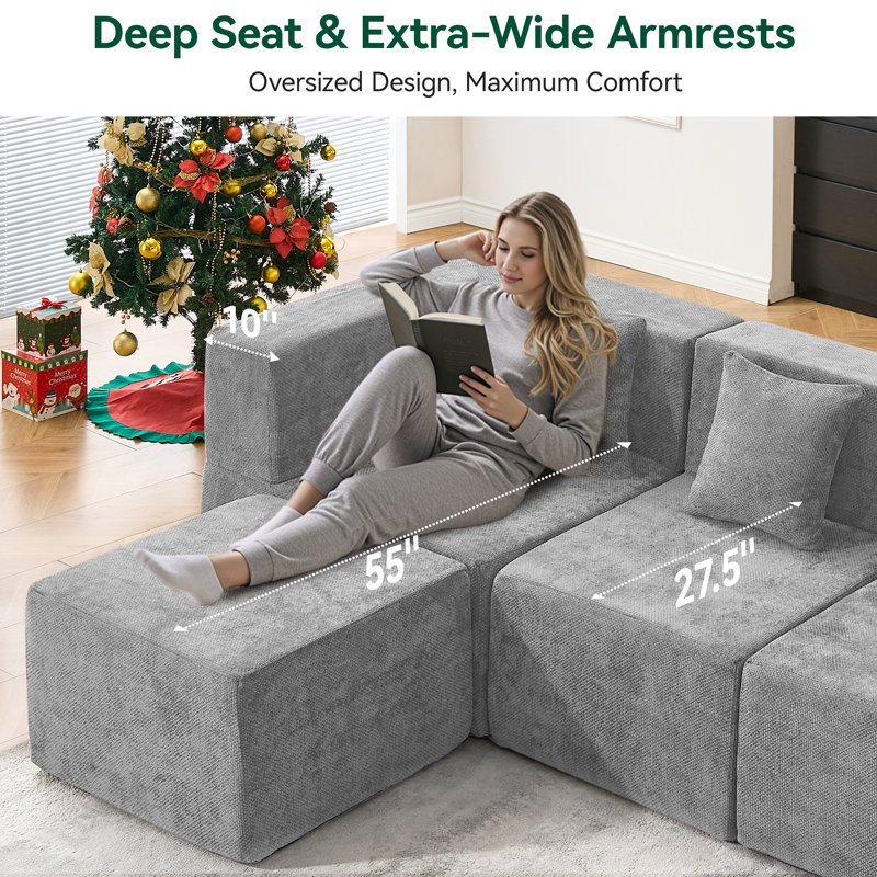 129"Cloud Modular Sectional Sofa With 2 Ottoman, Gray Chenille