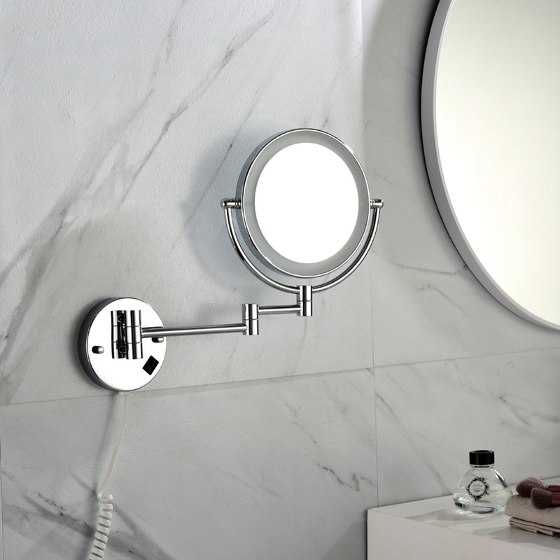 Miroir de coiffeuse à DEL à deux grossissements - Fixation murale, extension murale de 12 pouces, placage, grossissement 1 / 3x, rotation de 360 degrés, imperméable, pour et rasage avec, grossissement, rotation, bouton imperméable,
