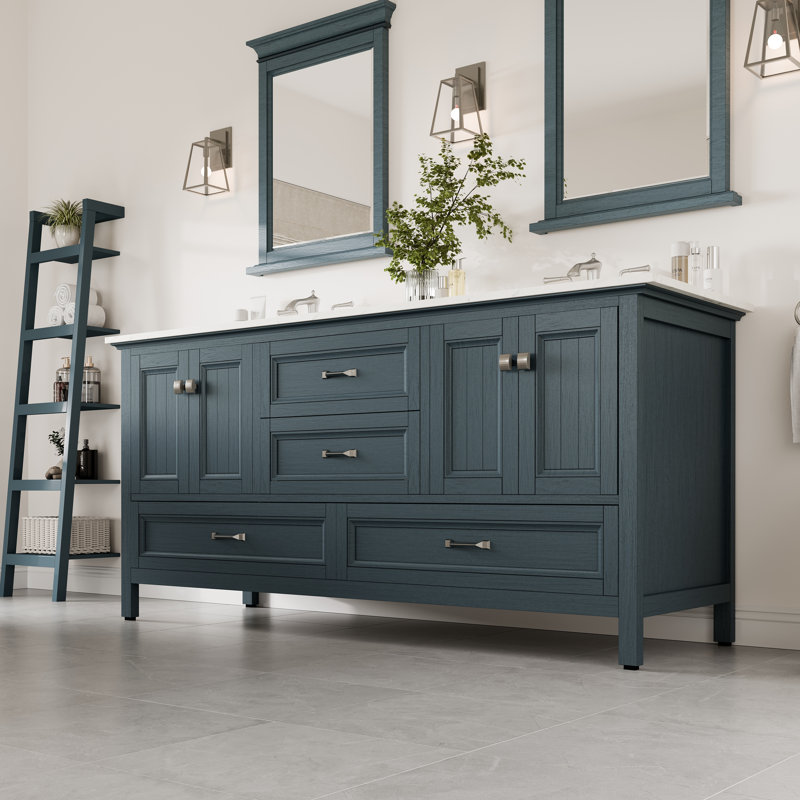 Ensemble de meuble-lavabo double 84 po Didomenico, Bleu cendré, Quartz - blanc de Carrare