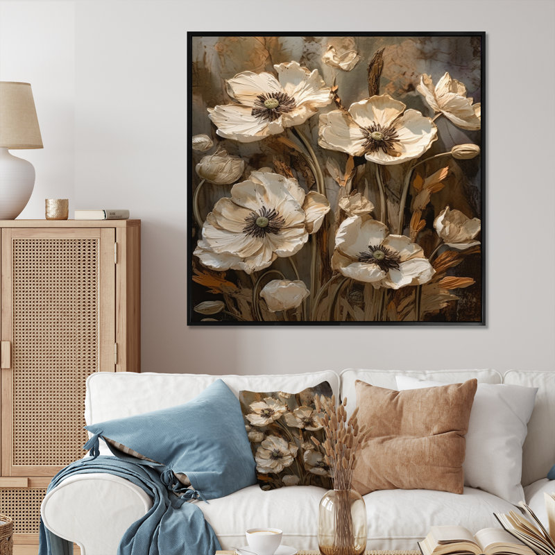 Romesha crème et pétales de marguerites jaunes sur toile, H 36 po x l 36 po x P 1,5 po, Cadre flottant noir