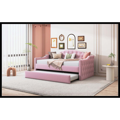 Lit de jour simple rembourré en velours capitonné avec couchette, ports de charge USB et Type-C, aucun sommier nécessaire, rose