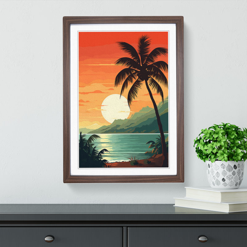 Palm Tree Art Deco - Single Picture Frame Print on Wood, Walnut Framed, 46cm H x 34cm W