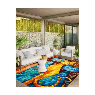 Machine Washable Multicolor Abstract Cats Pattern Modern Decorative Woven Base Rug