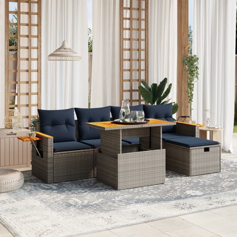  Ensemble de canapé de patio 6 pièces avec coussins en rotin de polyester, Gris, Bleu
