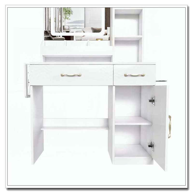 LED Vanity Mirror with Stool,Dressing Table for Bedroom, 2 Drawers & 5 Storage Cabinets, White