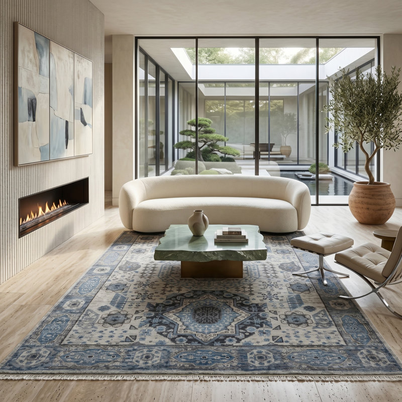 Tapis oriental en laine noué à la main bleu / gris Winland, Rectangle 8 pi x 10 pi