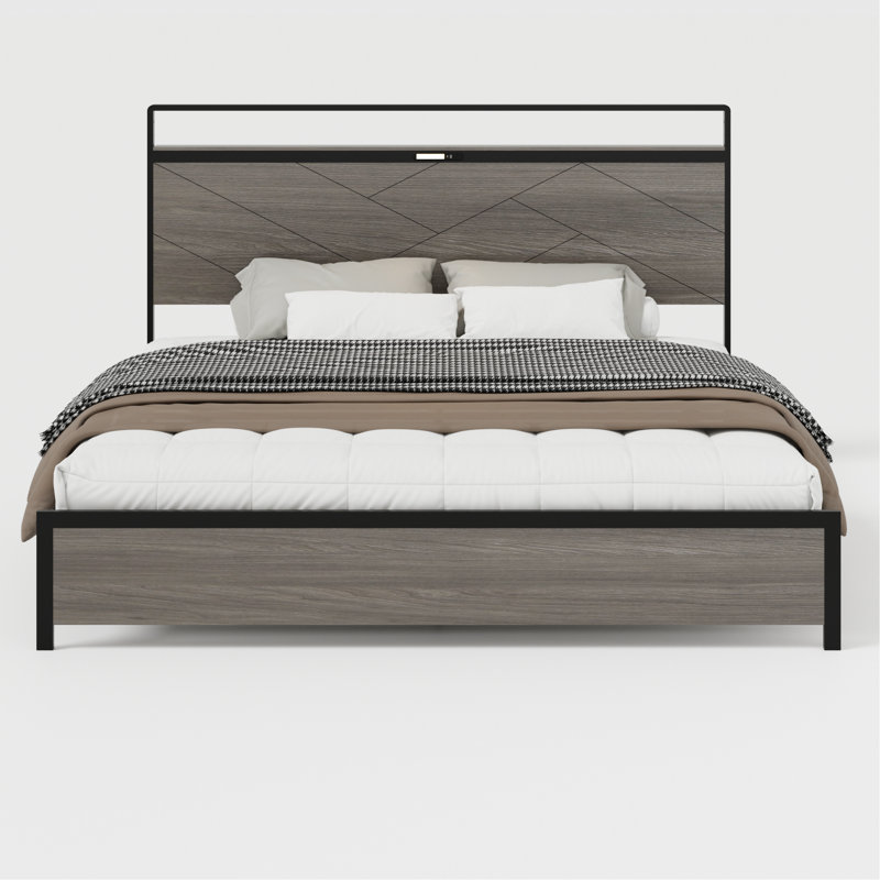 Bed Frame, Wooden Platform Bed Frame With Storage LED Light Headboard And 2 USB, No Noise, Large Underbed Storage, No Box Spring Needed, Easy Assembly