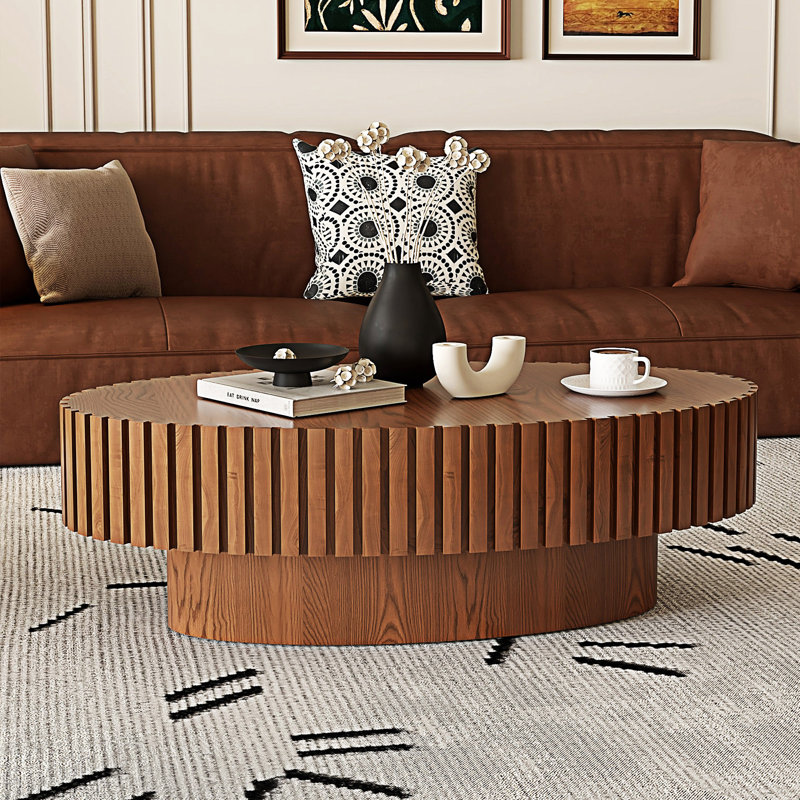 Table basse ovale en forme de piédestal, Bois naturel