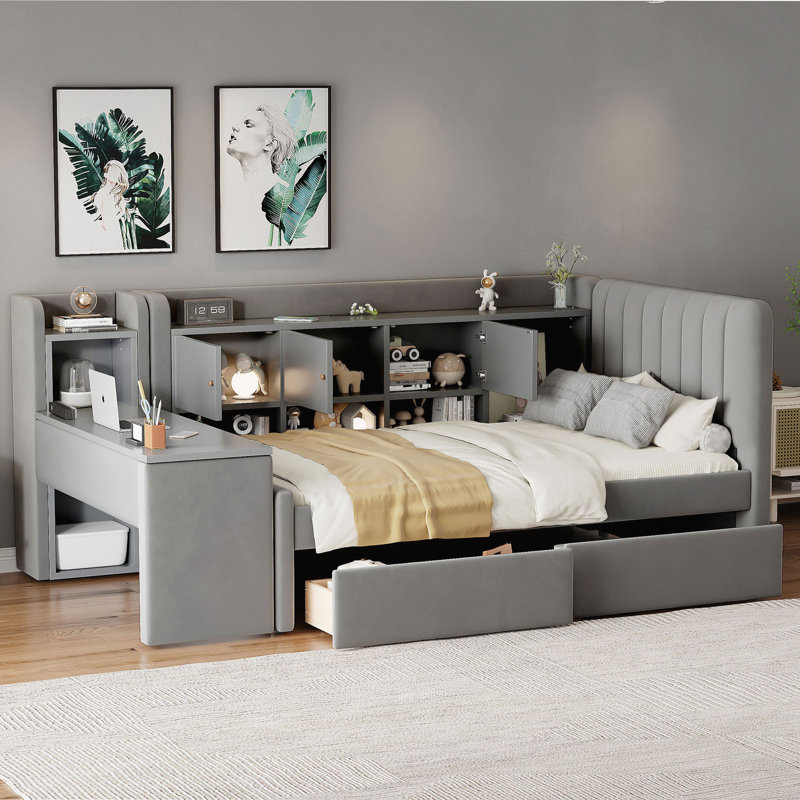 Lit de jour simple tapissier avec tiroirs, gris
