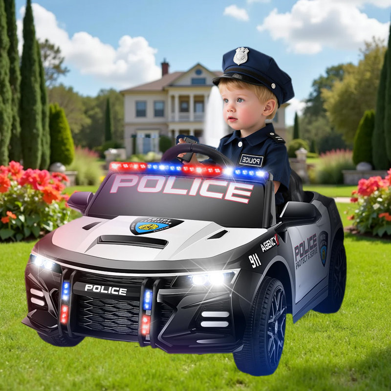 12V Ride On Police Car , 4.5AH Battery-Powered Electric Car For Kids, Remote Control, Bluetooth Music, Spring Suspension, LED Lights, 3 Speeds