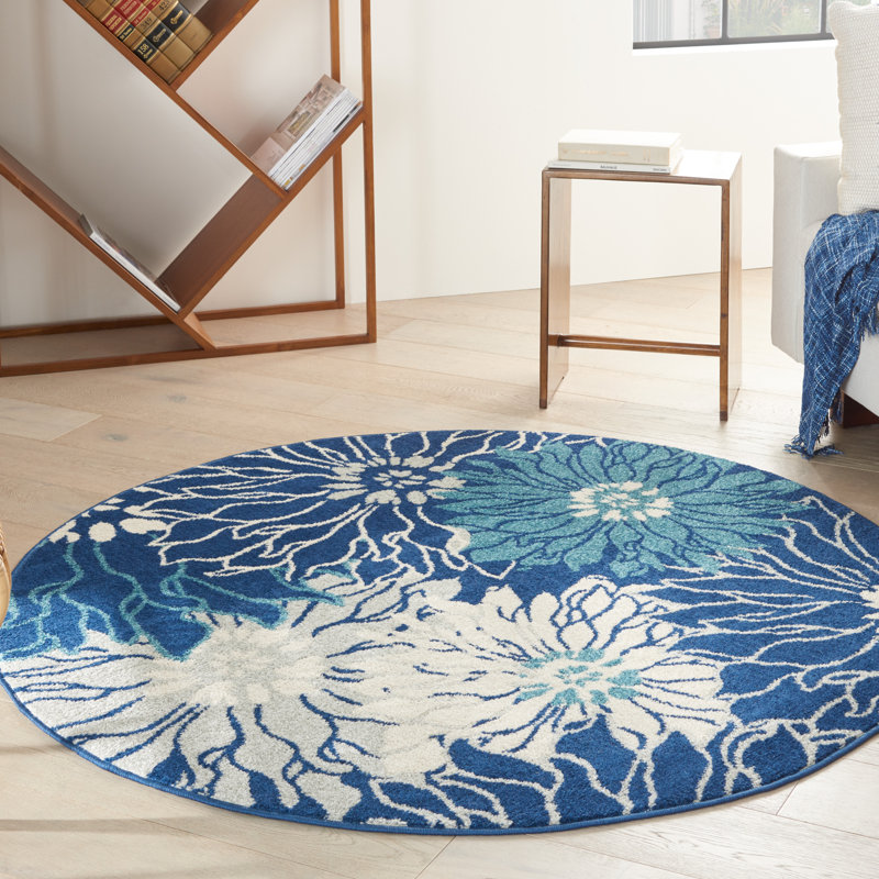 Tapis bleu / crème Rhudine, Rond 4 pi