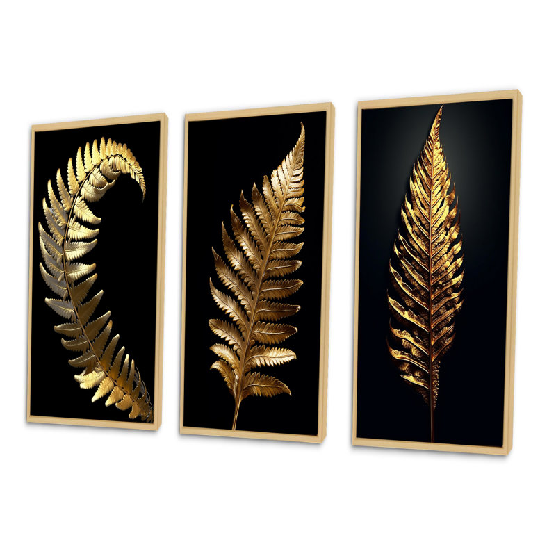 «Golden Fern Leaf On Black I», 3 pièces sur toile, Cadre naturel flottant, H 40 po x l 60 po